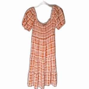 As U Wish Dress L Orange White Checkered Smocked Peasant Tiers Cottagecore Boho